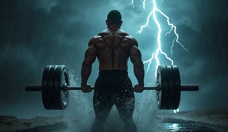 "An intense and visually captivating scene showing a muscular man working out in the rain, lifting heavy weights with determination and focus. Lightning bolts crackle dramatically across the stormy sky, illuminating the dark, moody environment. Water dropl...