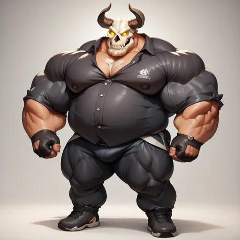 a big giant man with musclegut tall body with big fat belly using black coat, black shirt on it, black gloves, black pants and skull mask that cover the face, mouth, nose, and eyes. Full body, standing, solo, 1man, very big, very tall, very wide, very musc...