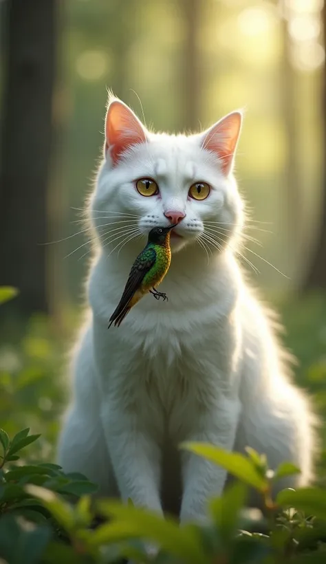 Create a photo A white cat picked up a hummingbird with a broken wing around its neck and carried it away into the forest