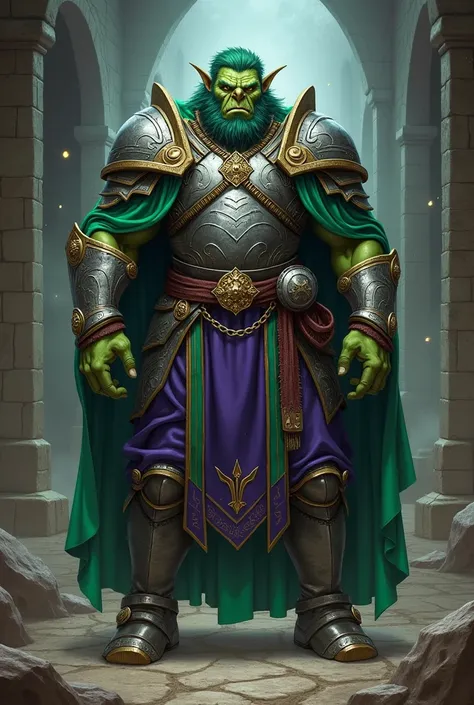 A massive green Dungeons and Dragons half-orc in fine robes and armor and wearing small spectacles.