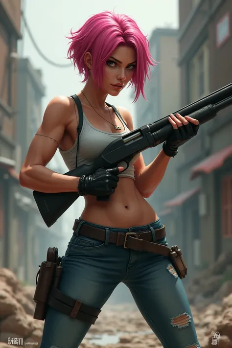  Make a short-haired woman a pink hair color, clothes like a tanktop  , celana jeans , sepatu bots,  holding a shotgun .