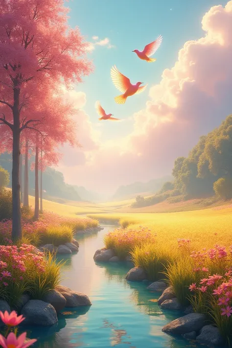 Prompt:
"A beautiful, serene land where heaven meets the earth. Golden fields stretch endlessly, dotted with colorful flowers of every hue. A crystal-clear river flows gently, reflecting the pink and golden sky above. The trees are tall and lush, with bran...