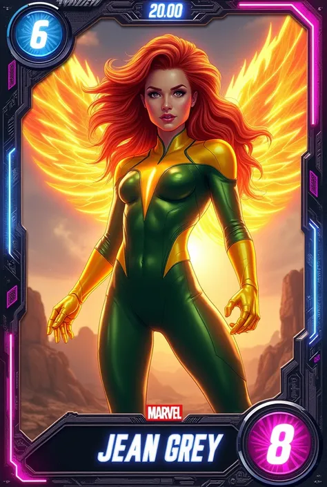  Premium Marvel SNAP card of Jean Grey  (phoenix),  digital illustration high quality with clean lines and variable thickness , pose dinámica de combate telequinético con energía psíquica phoenix emergiendo de su silueta,  modern cell shading with soft gra...