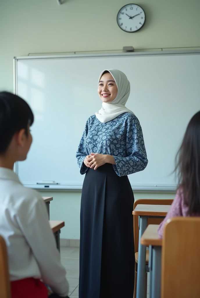  a beautiful young korean woman , wearing white hijab shari ,clean and beautiful white face , great height , smile sweetly, in neat white hijab ,  woman wearing profession dress as school teacher ,  blue white batik top and long black color skirt ,  black ...