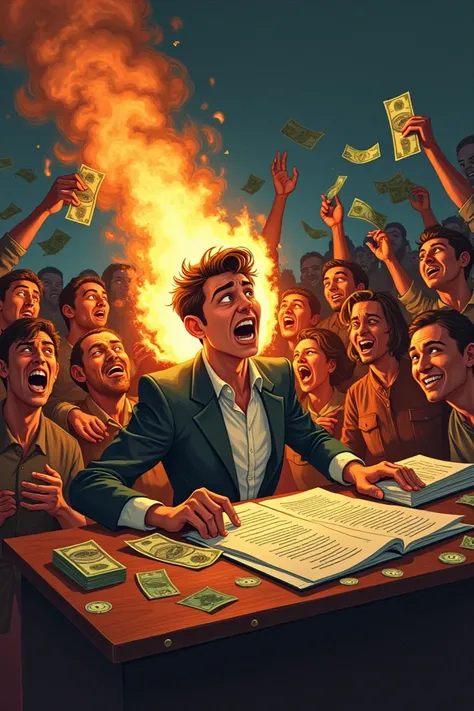  Illustration depicting a YB burning money to buy lots ,  with a full expression of greed on their face .  Surrounded by greedy people and excited by the apostolic offer given .  They screamed with joy ,  holding the money received . In the background,  YB...