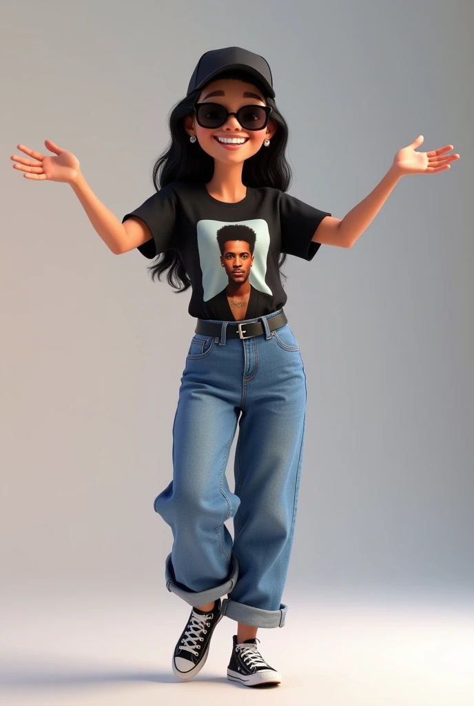 Create a 36-year-old woman ,  with long straight black hair ,  she wears a short sleeve black blouse with a photo of the singer Bruno Mars,  loose fitting blue jeans with a black belt ,  black and white all star sneakers , black cap, sunglasses. With open ...