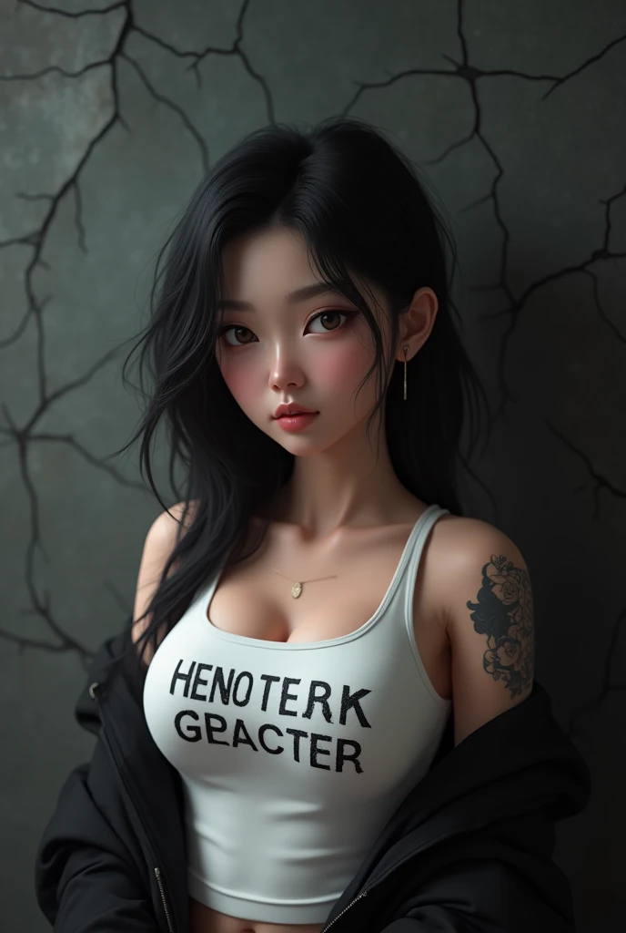  3D animation Korean woman beautiful head bowed long hair mullet wearing tanktop white writing "p" black jacket tatto cool dark cracked wall background closeup 