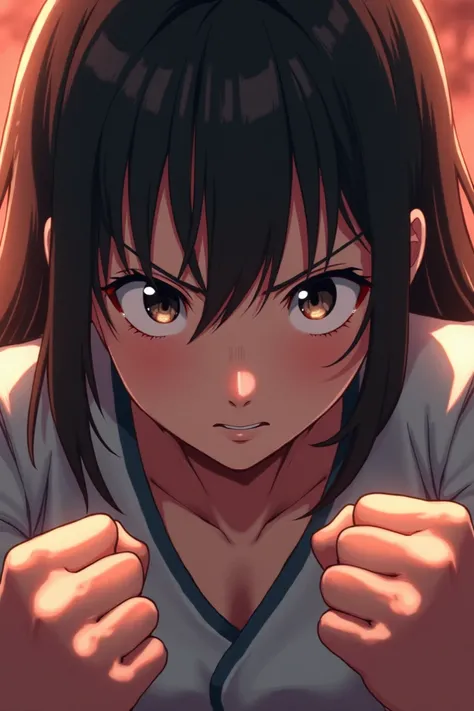 The Sisters Resolve: The protagonist making a decision to protect her brother. Prompt: "Young woman, determined expression, resolute, clenched fists, manga style, close-up portrait"