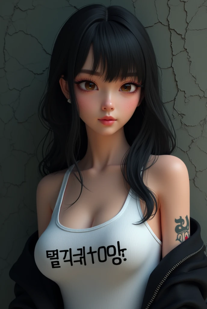  3D animation Korean woman beautiful head bowed long hair mullet wearing tanktop white writing "p" black jacket tatto cool dark cracked wall background closeup 