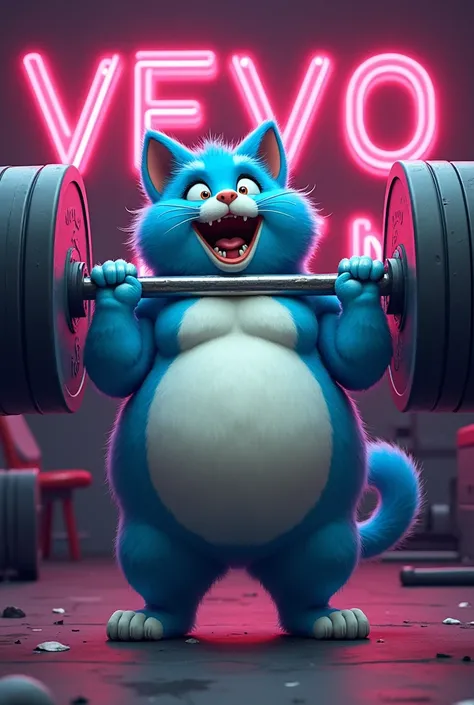 One cute blue man cat  fat bellies are visible، and wearing track dress, Lifting 200kg in the gym and shouting loudly.
behind of his write "vevo gym" in big led.