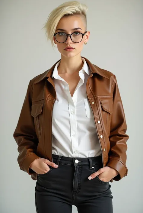  Woman in glasses with undercut hair model blond hair color,  using white shirt dress with brown leather jacket , black jeans, running shoes .
