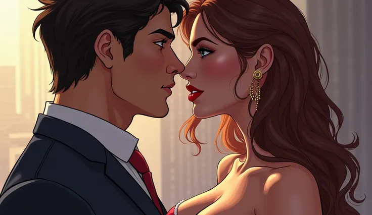 man looking at a woman wanting to kiss her, in one corner, in the other corner a beautiful woman, with curves, big ass, big breasts, plunging neckline, looking at the mans lips. realistic illustration style.