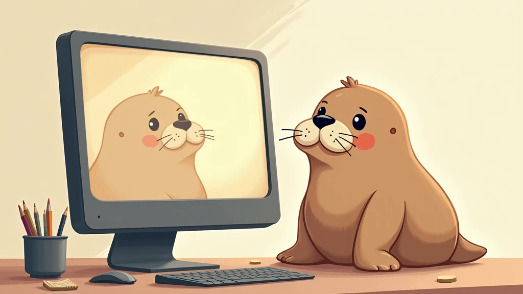 cute illustration of a walrus next to a big monitor