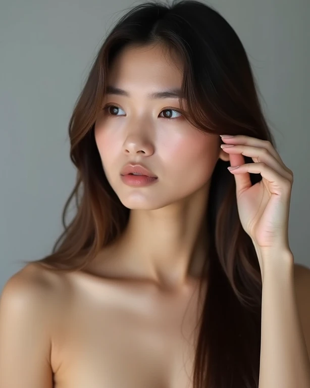 Text: Photo of a Thai man with long, straight brown hair gently brushing his hair. He has a tan complexion and a gentle face, and light makeup with nude lipstick and light eyeshadow. Her pose looks calm and slightly gloomy. The background is a light gray, ...