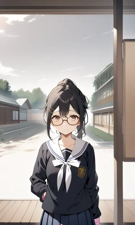 1 girl, bronze-black hair, 1 ponytail, white ribbon, pony, glasses, gloomy face, looks depressed, slightly damp face, wound being treated, yellow-black eyes, school closing, school skirt , 1 pink bracelet, hairpin on the left, thin body, class background, ...