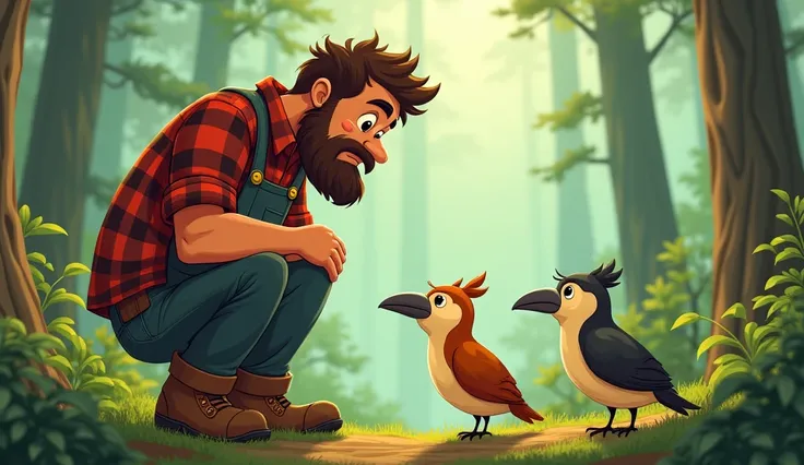 The lumberjack apologizing to the birds, bowing his head, while the small bird (Muniya) and her friends watch him forgivingly.cartoon
