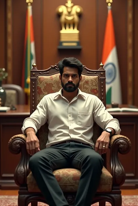 Tamil actor Vijay sitting in the prime minister chair 
