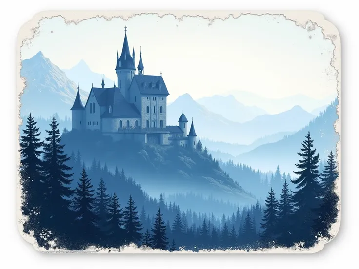 generate me a label inspired by the Witcher game in white and blue. The background cant have characters and text and have to fores or castle landscape inspired by Temeria. It should be a form of a label in a format that can be printed and stuck on