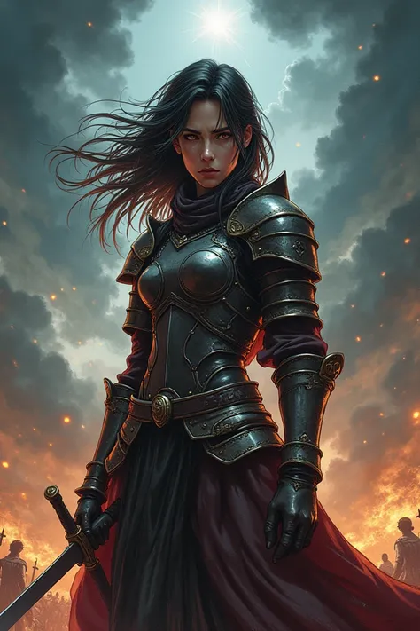 The Holy War: A dramatic image symbolizing the protagonists determination to protect her brother. This could be a symbolic image, perhaps with exaggerated elements. Prompt: "Symbolic image of a young woman preparing for battle to protect her brother, drama...