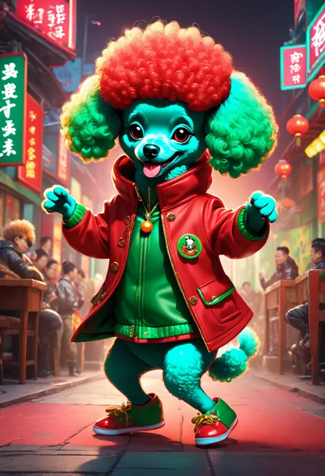 The poodle puppy from the universe is laughing and dancing in a Chinese red and green coat，Abnormally funny hip-hop，punk，,Concept Design, character table