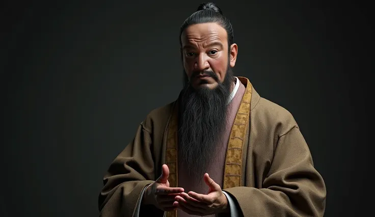 
Confucius, realistic, photo quality, worried expression, real, full body, dark background, image showing the body