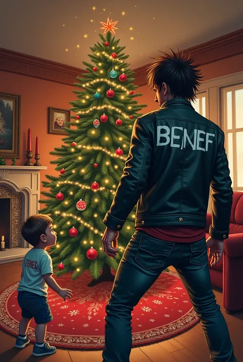 Affiche de concert réaliste 
Sapin de Noël attaqué par un punk  dans un salon à côté dune belle cheminée et deux enfants garçon et fille qui pleure en voyant ça .
Dans le dos du perfecto du punk il y a marqué en blanc en gros BENEF, sur le tee-shirt du pet...