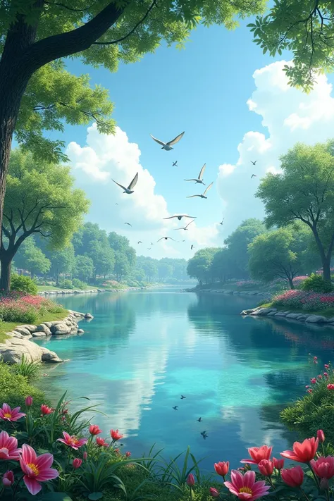  a very beautiful landscape of green shady trees with flying birds ,  below it there is a lake with clear water shallow water full of rocks on the edge with beautiful flowering plants , background of clumped comulus clouds and flying birds  , photography,R...