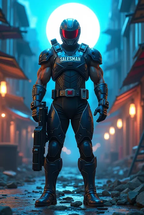 a man wear power ranger armor with text "Salesman" on the suit, bring big gun and there is blues uv on the background 
broken market effevt background 
sun shine
Realistic future style