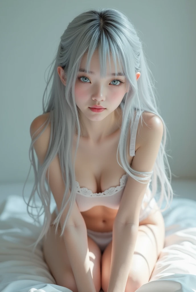 
 Japanese、 1 girl,  high definition ,Lori、Small breasts、Long silver hair、 blue eyes、
Transparent Lingerie、Butt、 on all fours, Fair skin、 blush,  open her mouth , 