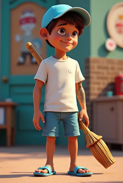 in 3 D animation image, A gentle and cute looking man, light brown skin, light blue trucker cap, very detailed profile picture, 1 man, white t-shirt, blue shorts, tattoo on arm, blue flip flops with white, carrying a broomstick, zigor samaniego style, grap...