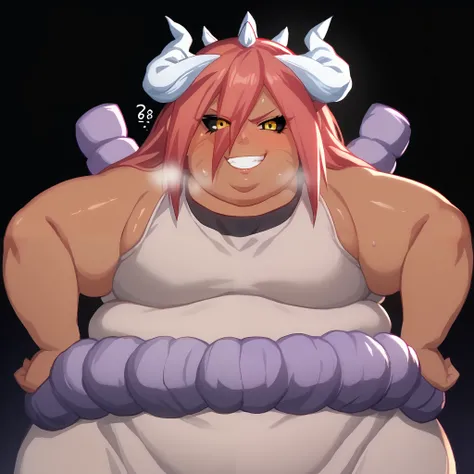 score_9, score_8_up, score_7_up, source_anime, tayuya, red hair, long hair, yellow eyes, white horns, dark skin, tan tunic, purple rope belt, sleeveless tunic, sleeveless, , 1girl, solo, anime screencap, frontlighting, simple background, black background, ...