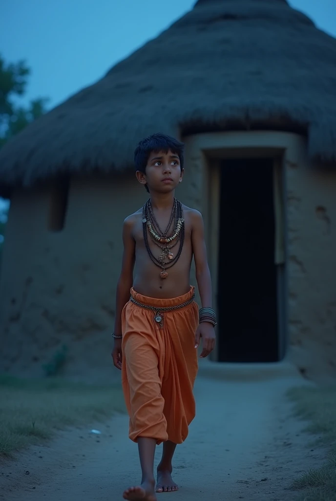 A  prince indian of age 15, wearing light orenge bottom only dress, waering bead ornaments, fair yellow skin, walking through infront of a mud house in night, without light, curiously thinking face, give a blue shade to over all picture, realistic 