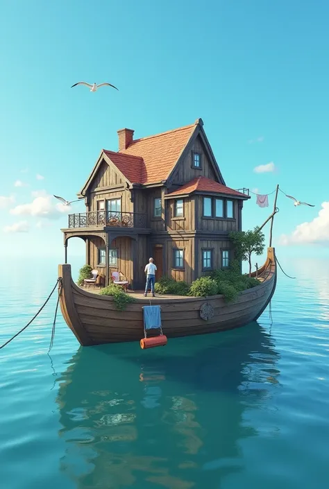 House on top of the boat in the middle of the sea 8k image