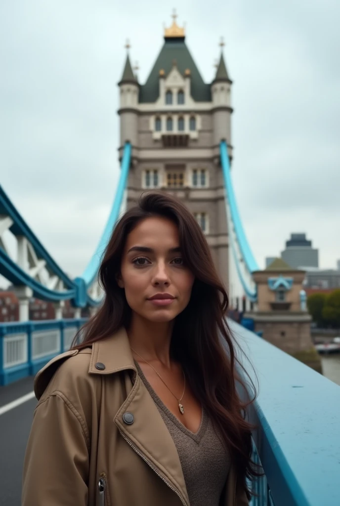 a 22 year old tanned brunette girl having her photograph taken on Tower Bridge in London