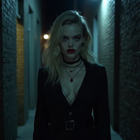 (photorealism:1.2), Olivia Holt as a  old girl turned into a vampire in a alleyway at night. Pale white skin, red lips, silver eye colors. Wearing modern present day teenage clothes. Set in the year 2024.