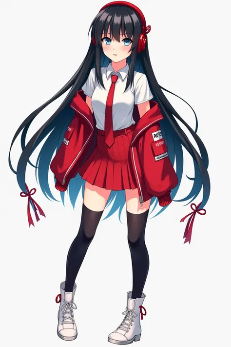 A anime girl with black hair, grey-blue eyes, with white t-shirt, red short jacket, and in red skirt, in black long socks. With red headphones, red ribbons on shoes and headphones, long white shoes, red tie, long white straight hair, red ribbons on sleeves...