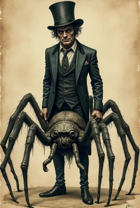 An image of a male spider and human hybrid creature. His lower half is a spider, while his upper half is a human male with dark hair, an old and worn and torn top hat, and an old and worn and torn dress suit for his torso and he also has multiple eyes. He ...