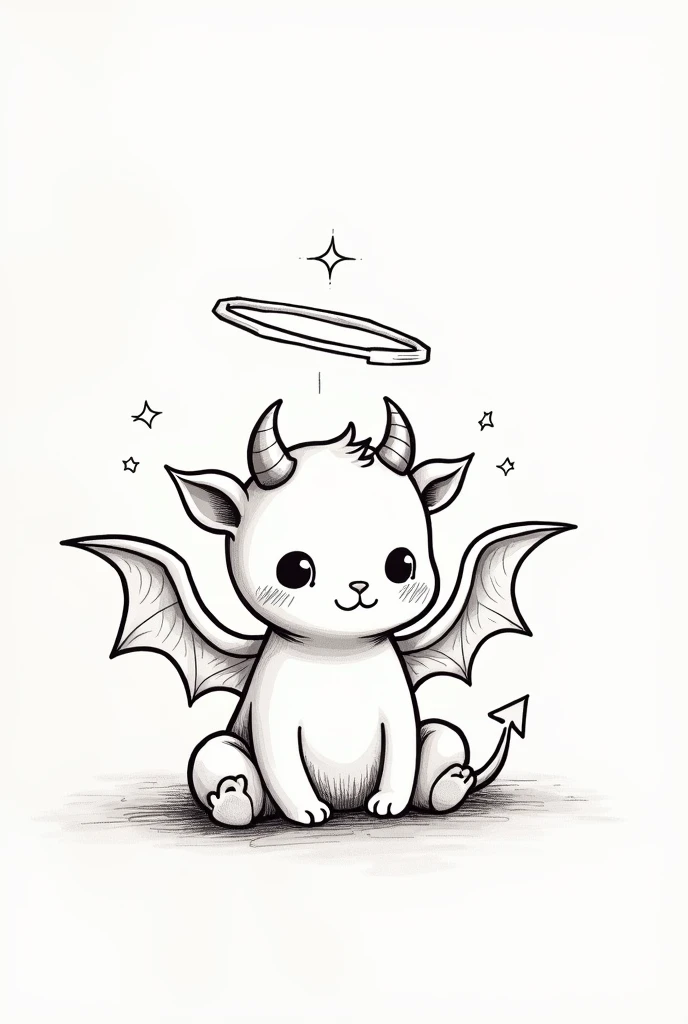 cute line drawing of a comic style cute devil sitting, big wings, halo above head. artistic calligraphic line drawing