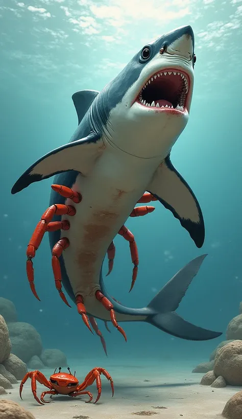 draw a mixing between sharks body and crabs body
in hyper realistic environment