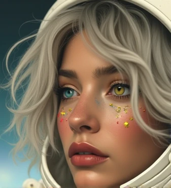 Close up of an enhanced masterpiece:1.5)0.9]، (Space and astronauts:1.2) (messy silver hair:1.1) (Heterochromia: yellow and blue eyes:1.2) (space helmet:1.0) (Colorful stars in the eyes:1.0) (radiant glow:1.1) (full lips:0.9)