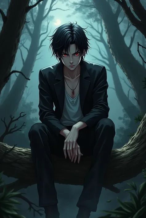 1male, black hair, sitting in the log, dark forest, red eyes, mouth fangs, anime, fantasy, dark fantasy, looking at viewers