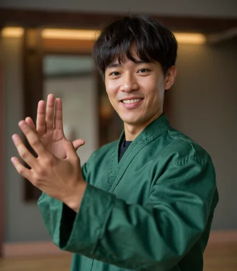 generate a picture of a chinese man wearing green while smiling teaching karate 