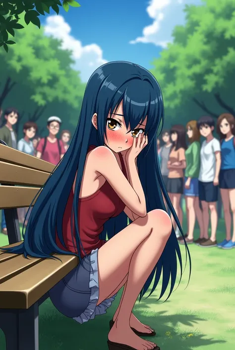 Anime drawing style picture of anime girl , skinny, long deep blue hair, blush angry embarrasing face,  full naked, using hands to cover body and stay hide behind brench at public park while a lot people looking at her