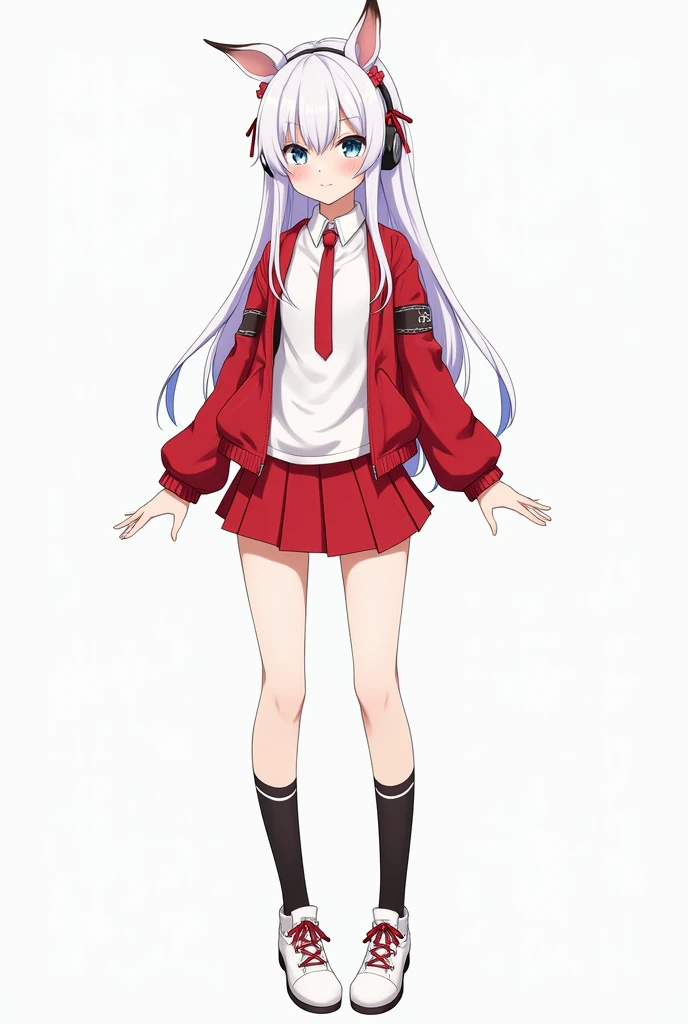 A anime girl with white hair, grey-blue eyes, with white t-shirt, red short jacket, and in red skirt, in black long socks. With dear ears, red ribbons on shoes and headphones, long white shoes, red tie, long white straight hair, red ribbons on sleeves. She...