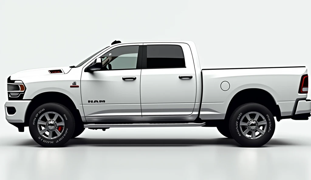 Generat the image exterior   side view (  white) ( 2025 Ram 2500) seating pristine showroom