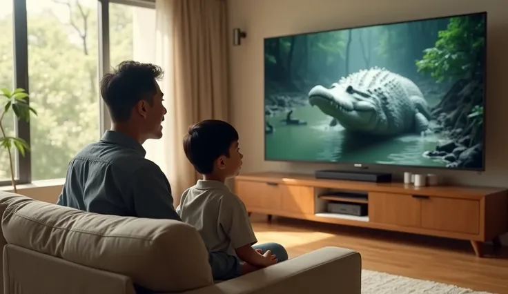 "((ultra-realistic photo)) A father and his young son, both with traditional Indonesian features, are sitting on a modern couch in a minimalist living room. Their faces are filled with surprise and shock as they watch a wide, modern flat-screen TV displayi...