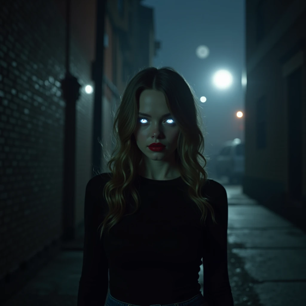 (photorealism:1.2), Olivia Holt as a  old girl turned into a vampire with no memories of her life as a human in a alleyway at night. Pale white skin, red lips, silver eye colors. Wearing modern present day teenage clothes. Fully clothed. Set in the year 20...