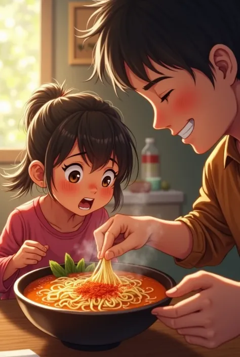 Spicy daughter eating ramen and dad sprinkling red pepper powder on ramen