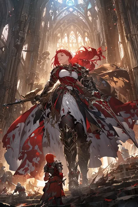  redhead、Outward-swept hairstyle、Active、maternal、 gauntlet 、battle、 fantasy standing in a church、adventure、