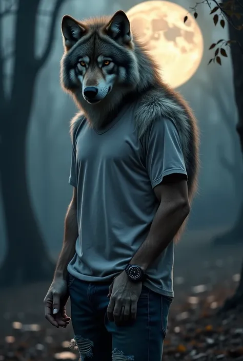 A gentle yet fierce werewolf father, exuding warmth and love, with a rugged, untamed spirit, set against a backdrop of a full moonlit forest, with a subtle hint of mystique and ancient power that had ripped jeans on. That I can trust on and that is loveful...